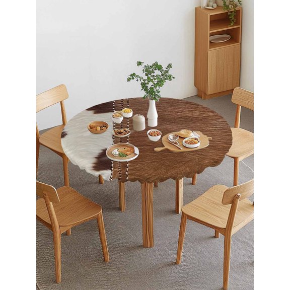 Western Cow Cowhide Round Fitted Tablecloth with Elastic Edge, Abstract Seam Cow Leather Waterproof Stretch Table Covers for 36"-44" Tables Wipeable Table Cloth for Outdoor