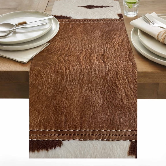 Western Cow Cowhide Table Runner 13x48 inch Abstract Seam Cow Leather Cotton Linen Dining Table Runner Ideal for Dresser Kitchen Coffee Tables - Machine Washable