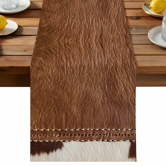 Western Cow Cowhide Table Runner, Abstract Seam Cow Leather Cotton Linen Table Cloth, Tablerunner for Kitchen Dining Party Wedding Home Decor 13x36 Inch