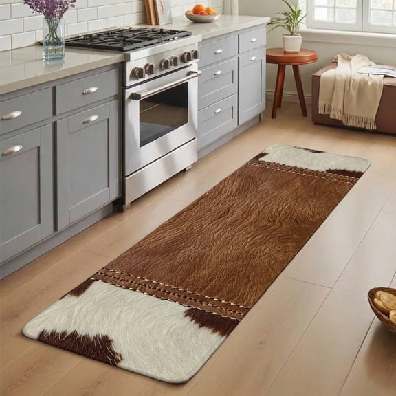 Western Cow Cowhide Washable Runner Rug 3X5 ft Abstract Seam Cow Leather Non-Slip Hallway Runner Rug, Linen Kitchen Runner Mats, Indoor Floor Carpet for Entryway Bathroom Bedroom Living Room