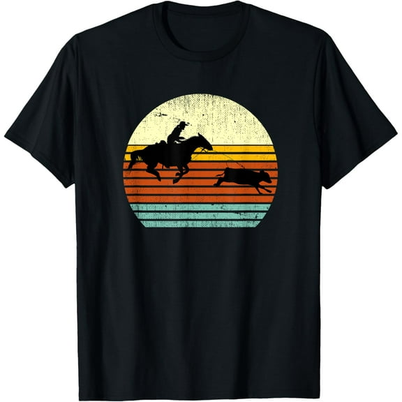 Western Cow Horse Calf Roping Retro Sun Style T-ShirtMen and women, Black T-shirt, size: Extra large