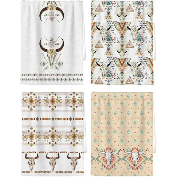 Western Cow Kitchen Dish Cloth Towels Set of 4,Bull Skull Soft Hand Towels for Kitchen Bathroom,Highly Absorbent Farmhouse Boho Tea Towels 26x18 Inch