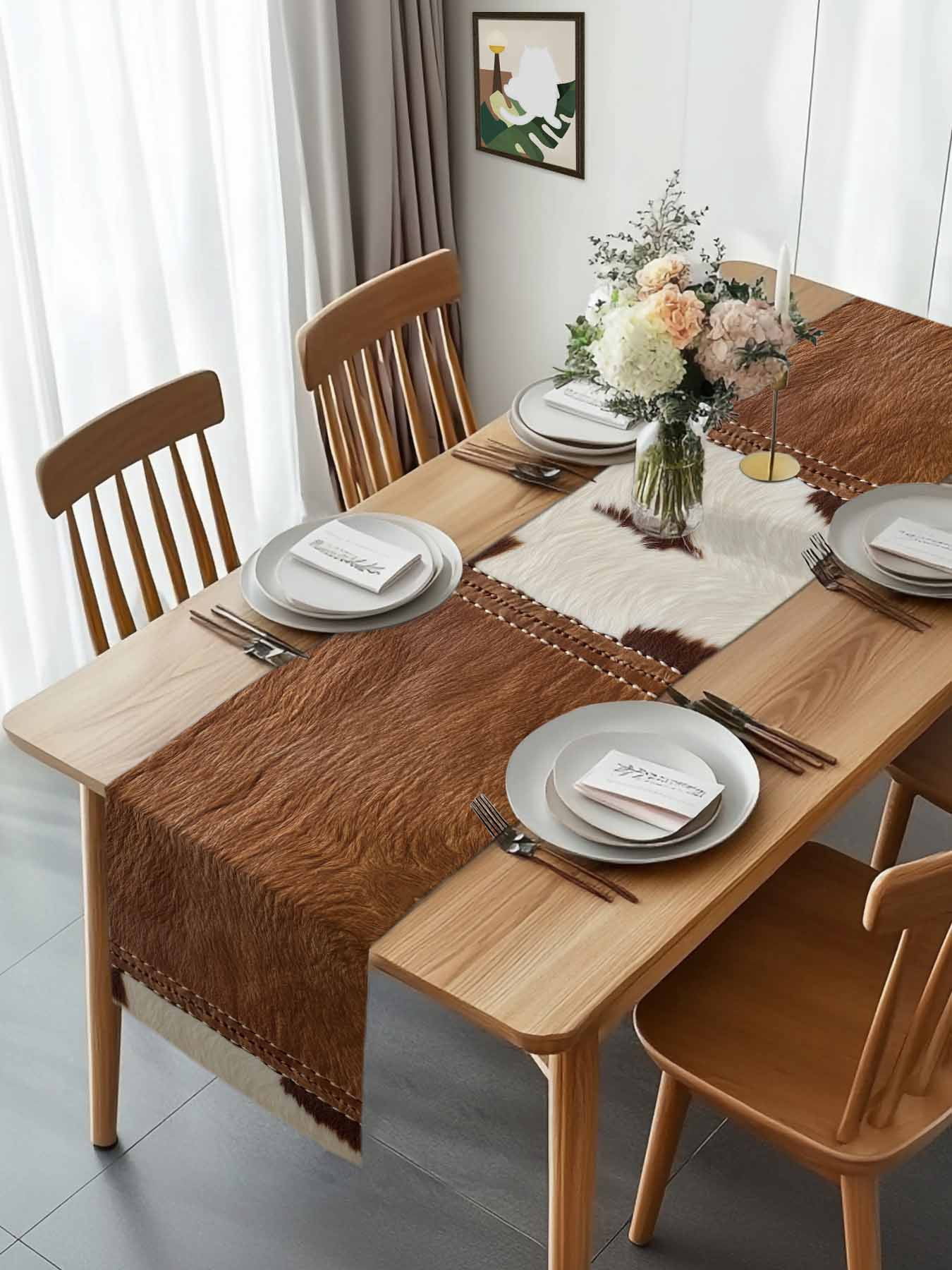 Western Cow Leather Texture Table Runner 90 Inches Long, Abstract Brown White Cow Print Table Runners Tabletop Scarf Kitchen Dining Tables Decoration for Home Party Indoor Outdoor