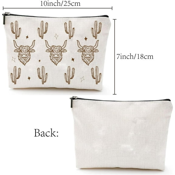 Western Cow Makeup Bags Canvas Cosmetic Bag Multi Purpose Case Zipper Pouches Toiletry Travel Storage Bag Purse Portable Storage Organizer for Cowgirl Stuff Animal Lover Women Gift 10x7Inch