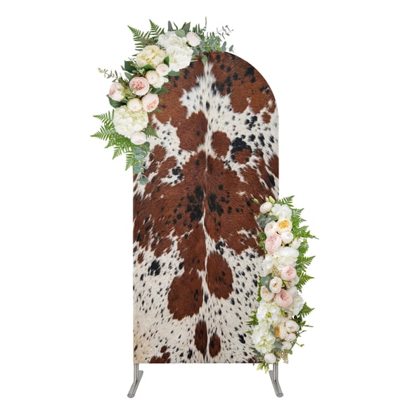 Western Cow Print Arch Backdrop Cover 6.6FT, Farmhouse Country Cowhide Fur Brown Spandex Fitted Stretchy Arch Stand Covers, Round Top Chiara Backdrop Cover for Wedding Party Birthday Baby Shower