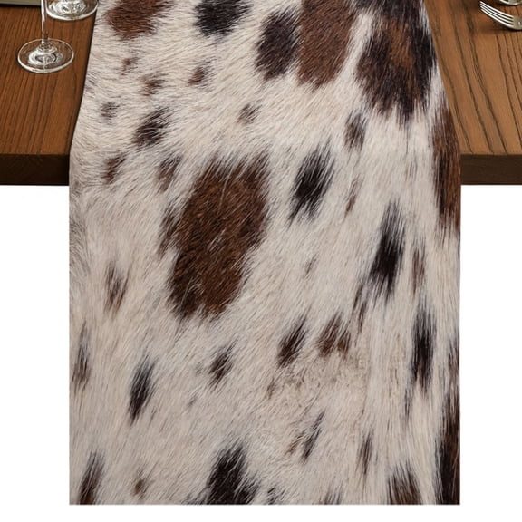 Western Cow Print Burlap Cotton Table Runner 13x90 Inches Long, Farmhouse Rustic Cowhide Fur Brown Farmhouse Table Runners, Outdoor Dining Table Decor for Baby Shower/Party/Wedding