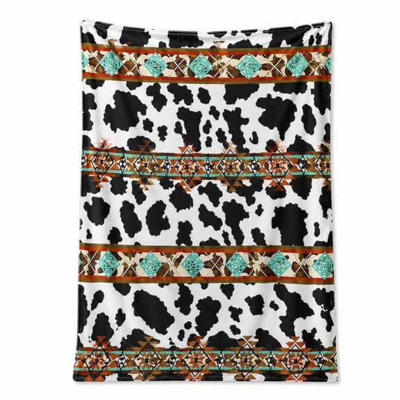 Western Cow Print Fleece Throw Blanket, Cowhide Southwestern Aztec Pattern Soft Flannel Blanket for Couch Sofa Living Room Decor
