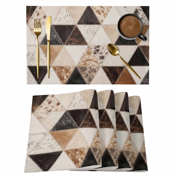 Western Cow Print Placemats Set of 4 Abstract Geometric Cowhide Fur Brown Place Mats Indoor Wipeable Table Mats Washable Cloth Dining Table Placemats for Kitchen Holiday Party Home Decor 13x19 Inch