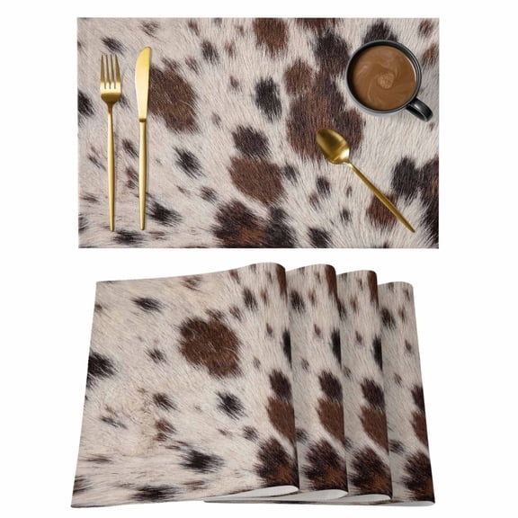 Western Cow Print Placemats Set of 4 Farmhouse Rustic Cowhide Fur Brown Place Mats Indoor Wipeable Table Mats Washable Cloth Dining Table Placemats for Kitchen Holiday Party Home Decor 13x19 Inch