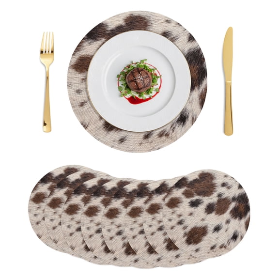 Western Cow Print Round Placemats Set of 8 Farmhouse Rustic Cowhide Fur Brown Place Mats Indoor Woven Table Mats Washable Heat-Resistance Braided Dining Table Placemats for Kitchen Decor 15 Inch