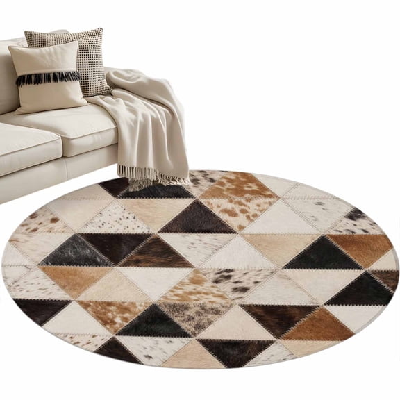 Western Cow Print Round Rug 3ft Washable Circle Entryway Rugs Non Slip Abstract Geometric Cowhide Fur Brown Area Rug Indoor Carpet for Bedroom Kitchen Living Room Home Office Dining Room Nursery