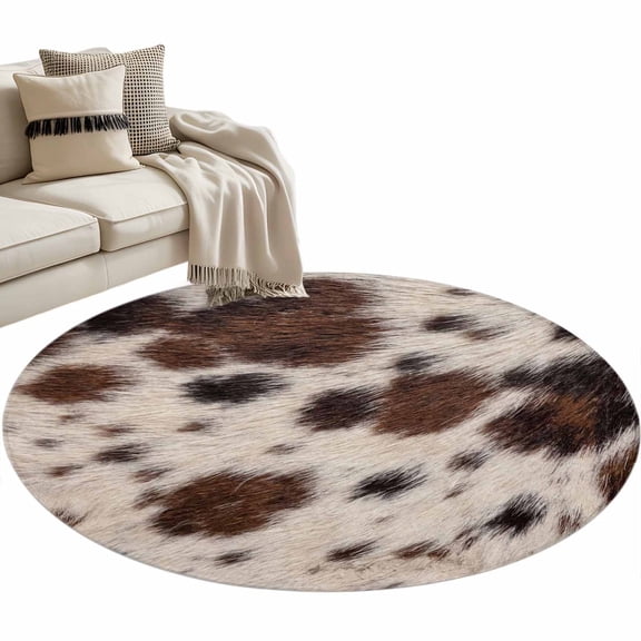Western Cow Print Round Rug 4ft Washable Circle Entryway Rugs Non Slip Farmhouse Rustic Cowhide Fur Brown Area Rug Indoor Floor Carpet for Bedroom Kitchen Living Room Home Office Dining Room Nursery