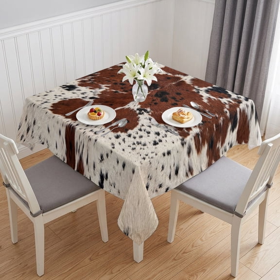 Western Cow Print Table Cloth Waterproof Tablecloths, Farmhouse Country Cowhide Fur Brown Tablecloth Dining Table Cover for Kitchen Party Tabletop Outdoor, Square Tablecloth 60x60 Inch