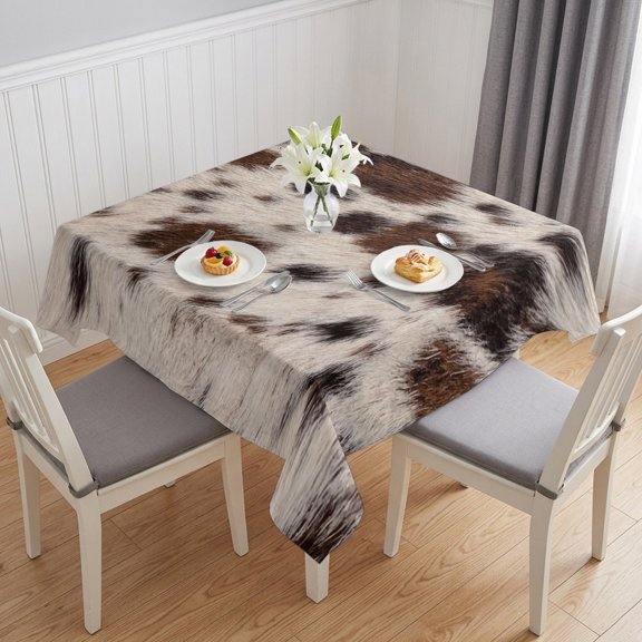 Western Cow Print Table Cloth Waterproof Tablecloths, Farmhouse Rustic Cowhide Fur Brown Tablecloth Dining Table Cover for Kitchen Party Tabletop Outdoor, Square Tablecloth 54x54 Inch