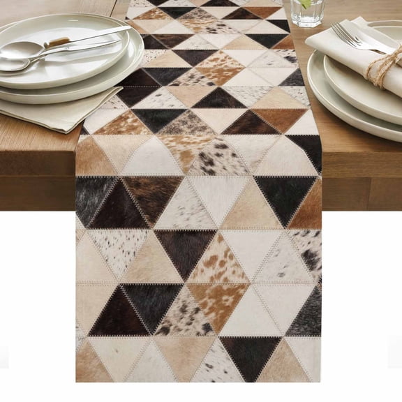 Western Cow Print Table Runner Abstract Geometric Cowhide Fur Brown Tablerunners 13 x 36 Inch, Table Decorations Tabletop Scarf for Summer Gathering Holiday Farmhouse Kitchen Dining Decor