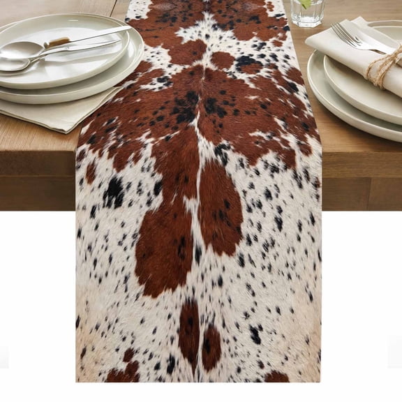 Western Cow Print Table Runner Farmhouse Country Cowhide Fur Brown Tablerunners 13 x 36 Inch, Table Decorations Tabletop Scarf for Summer Gathering Holiday Farmhouse Kitchen Dining Decor
