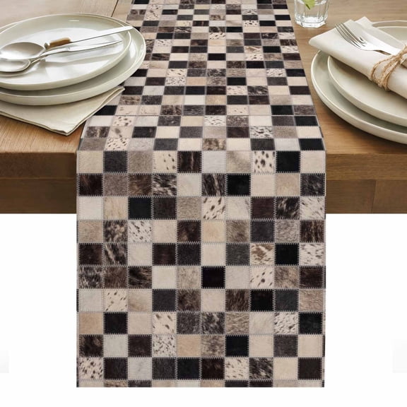 Western Cow Print Table Runner Farmhouse Cowhide Plaid Checkered Brown Tablerunners 13 x 36 Inch, Table Decorations Tabletop Scarf for Summer Gathering Holiday Farmhouse Kitchen Dining Decor