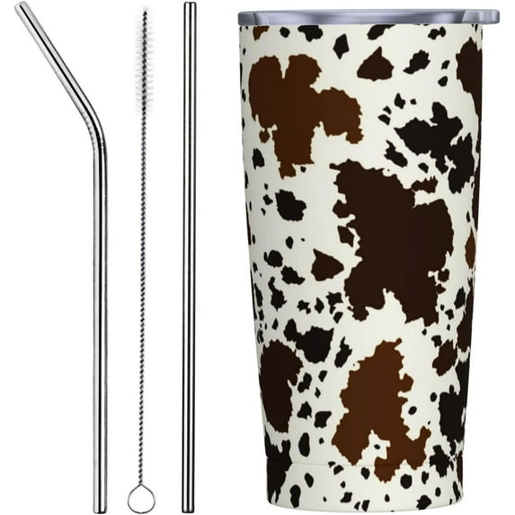 Western Cow Print Tumbler with Lid and Straw, 20 Oz Stainless Steel Insulated Brown Cow Water Bottle Cup Coffee Mug