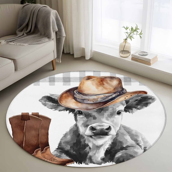 Western Cow Round Area Rug 3.3Ft Washable Circle Rugs for Dining Room Table, Grey Checkered Farmhouse Art Non-Slip Carpet Floor Mats Indoor Outdoor Carpet Runner Aesthetic Home Decor
