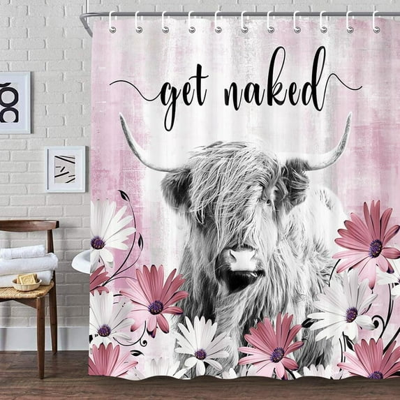 Western Cow Shower Curtain, Pink Daisy Floral Flowers and Butterfly on Country Wooden Shower Curtain for Bathroom, Funny Farmhouse Grey Highland Cow Bathroom Accessories