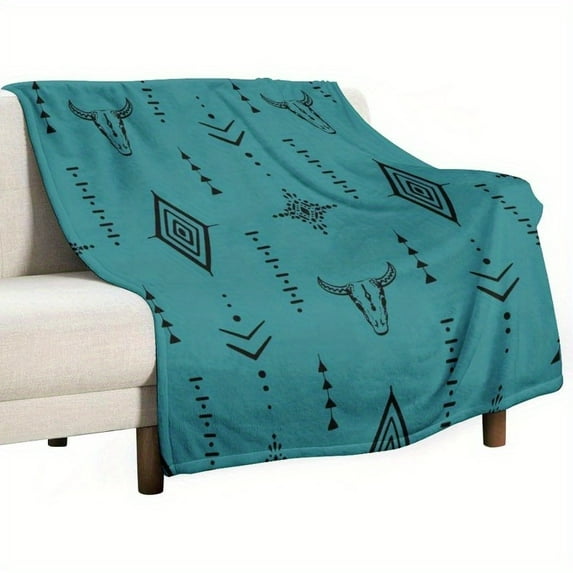 Western Cow Skull Flannel Throw Blanket Boho Aztec Tribal Geometric Design Super Soft 330GSM Teal Flannel for Sofa or Bed Cozy & Decorative Western Style
