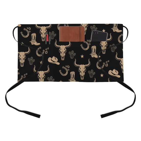 Western Cow Skull Kitchen Restaurant Half Waist Apron, Vintage Cactus Cowboy Hats Boots Black Server Short Apron with 3 Pockets Waterproof Oil Waist Aprons for Women Waitress Waiter