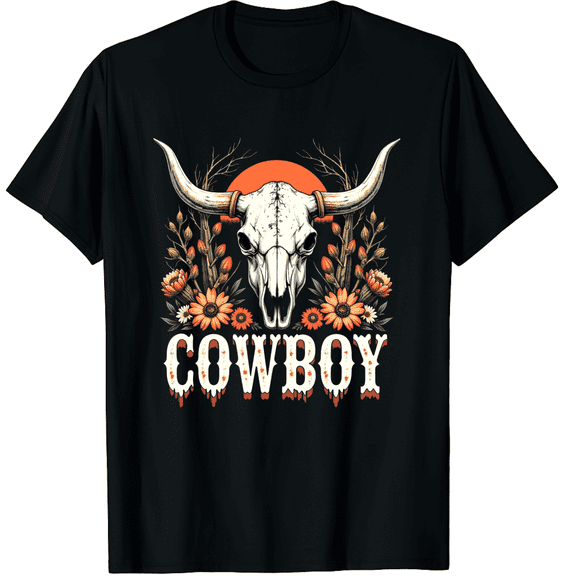 Western Cow Skull Shirts Country Concert Outfits Vintage Rodeo Bull Skull Graphic Black T-Shirt for Men and Women