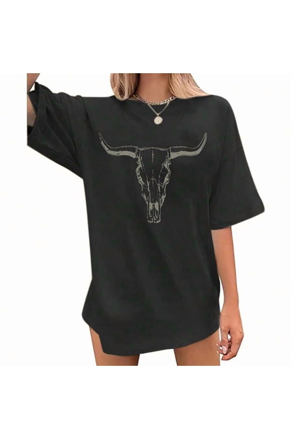 Western Cow Skull Shirts For Women Oversized Cowgirl T Shirt Country Graphic Tees Vintage Rodeo Tshirts Casual Tops