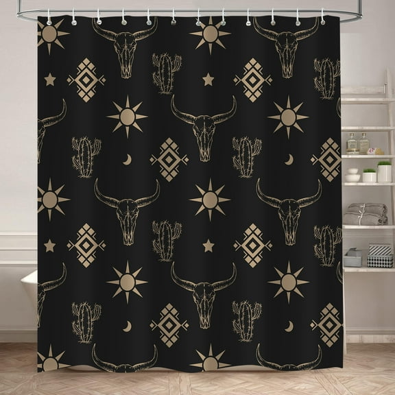 Western Cow Skull Shower Curtain, Black Gold West Shower Curtain Set Cactus Cow Skull Farmhouse Bath Curtain, Polyester Fabric Waterproof Bathroom Accessory Set with 12 Hooks 72x72 inch