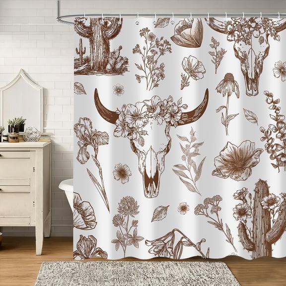 Western Cow Skull Shower Curtain, Brown Rustic Country Farmhouse Tribal Abstract Wildflower Shower Curtains, West Desert Cactus Plant Cow Print Bathroom Curtain Decor with Hooks 72Wx72H