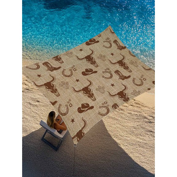 Western Cow Skull Sun Shade Sail 12' x 16', Vintage Cactus Cowboy Hats Boots Linen Texture Rectangle Outdoor Sunshade Canopy, Waterproof UV Block Patio Covers for Garden Yard Beach