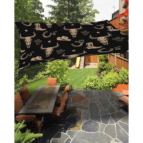 Western Cow Skull Sun Shade Sail 8'X10' Vintage Cactus Cowboy Hats Boots Black UV Block Outdoor Sail Shades Breathable Waterproof Rectangular Sunshade for Patio Garden Pool Pergola Porch