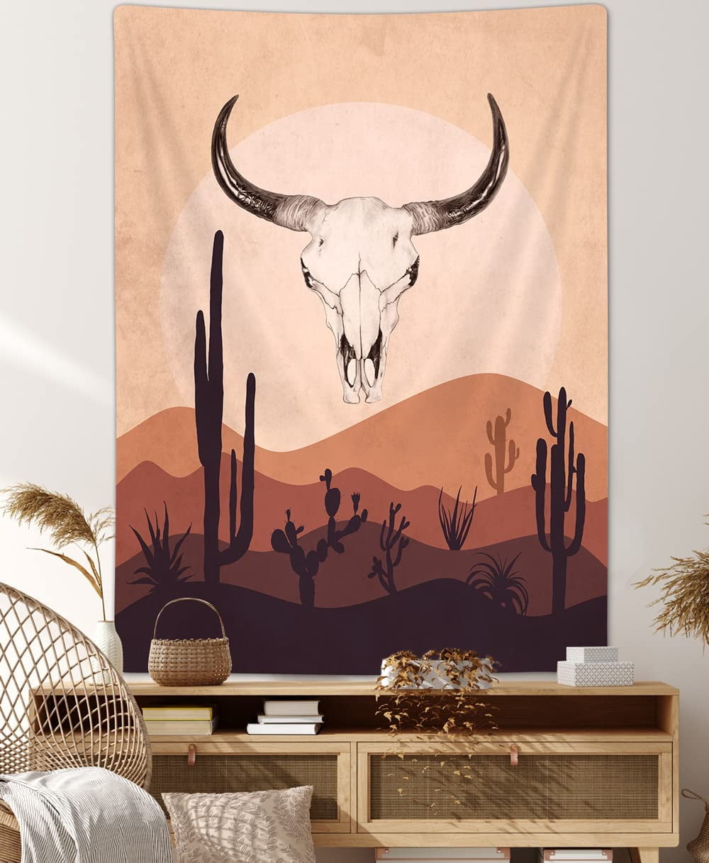 Western Cow Skull Tapestry, Boho Bull Longhorn Skull Head Western Cow Skull Tapestry, Boho Bull Longhorn Skull Head