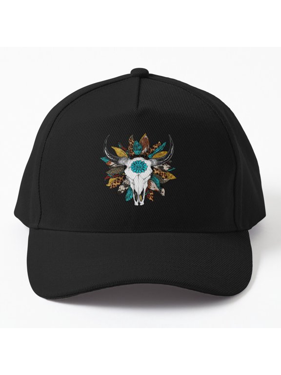 Western Cow Skull Turquoise Gem Baseball Cap, Ranch Style Graphic Design, Classic Hat