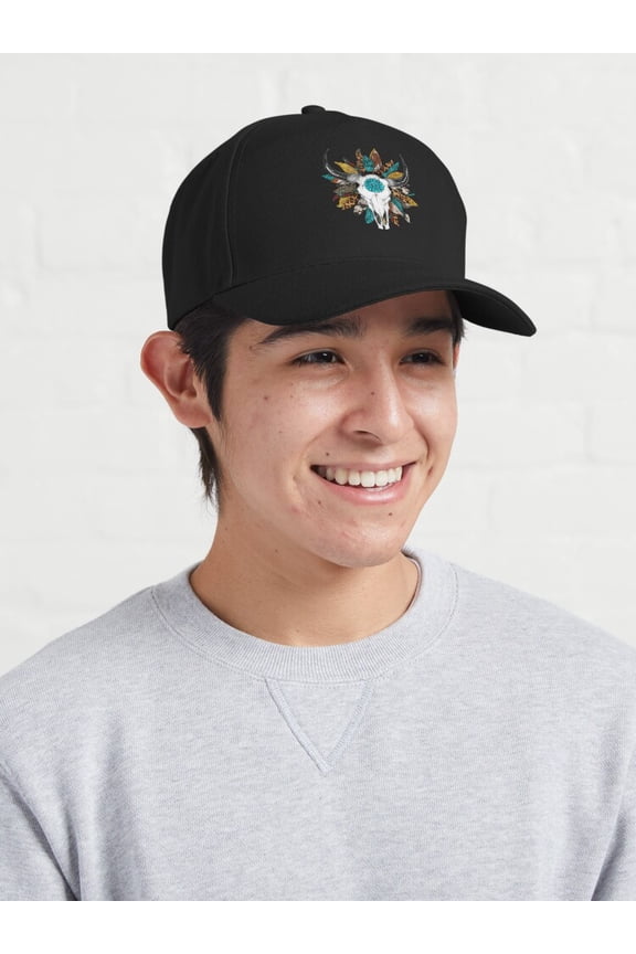 Western Cow Skull Turquoise Gem Baseball Cap, Ranch Style Graphic Design, Classic Hat