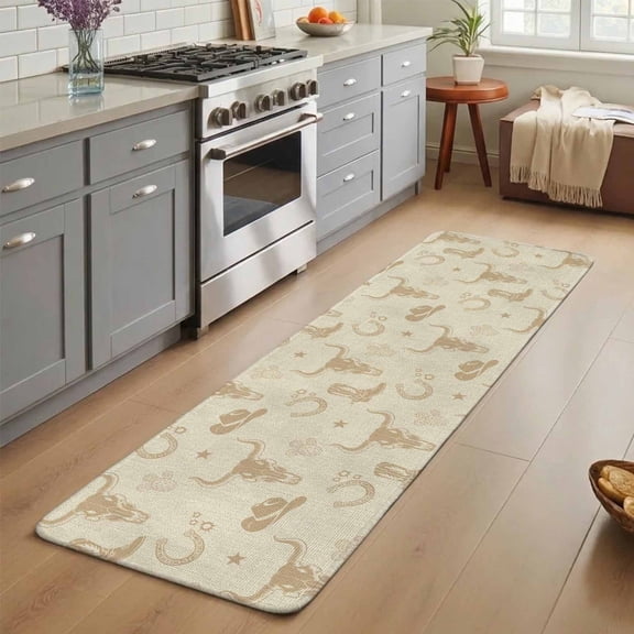 Western Cow Skull Washable Runner Rug 3X5 ft Vintage Cactus Cowboy Hats Boots Beige Non-Slip Hallway Runner Rug, Linen Kitchen Runner Mats, Indoor Floor Carpet for Entryway Bathroom Bedroom