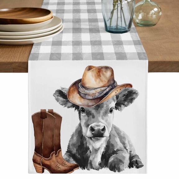 Western Cow Table Runner, Grey Checkered Farmhouse Art Washable Cotton Linen Table Runners 36 Inches Long, Dresser Scarf Runner for Nightstand/End Tables/Round Tables 13''x36''