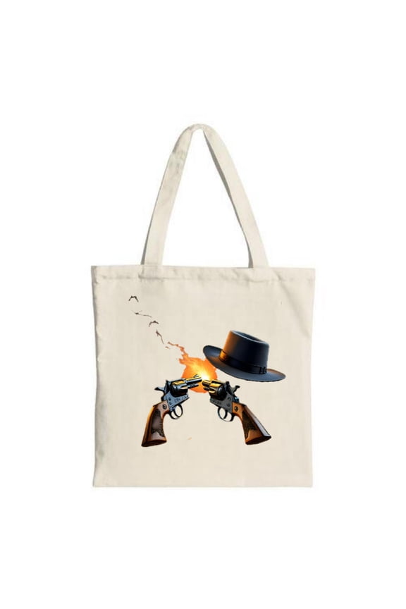 Western Cow Tote Bag - Canvas Multifunctional Reusable Shopping Bag with Crossed Flaming Hat & Flying Birds Design
