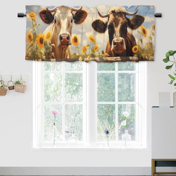Western Cow Window Curtain Valances Vintage Wooden Fence Sunflower Rod Pocket Valances for Bedroom Living Room Dining Room 54 by 18 in, 1 Panel