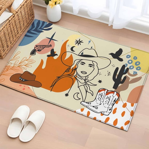 Western Cowboy 2'x3' Rug for Entryway Front Door Kitchen Sink Area, Cowgirl Cactus Animal Leaf Boho Vintage Low Pile Non Slip Rectangle Area Rug, Machine Washable Indoor Outdoor Mat
