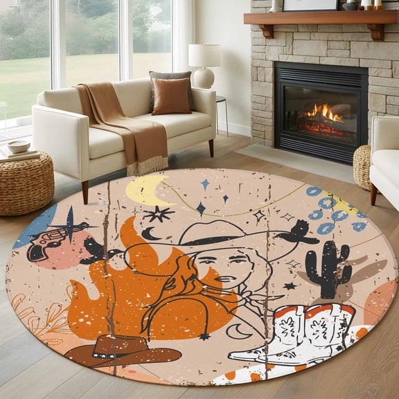 Western Cowboy 5' Round Rug for Dining Table for 4 People Under Table Placement, Cowgirl Cactus Retro Vintage Beige Non Slip Circle Area Rug, Machine Washable Indoor Outdoor Mat