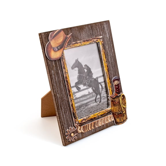 Western Cowboy 5x7 Picture Frame, 3D Rustic Wooden Photo Frame with Cowboy Hat & Boot Accents, Tabletop & Wall Mount Decor