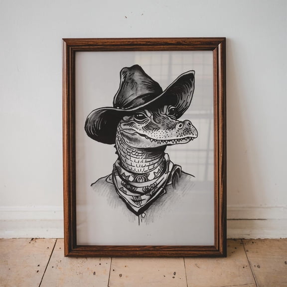 Western Cowboy Alligator Gator Illustration Statement Decor Vintage Wall Art Print