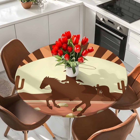 Western Cowboy American Wild West Round Fitted Tablecloth with Elastic Edge,Waterproof Table Cloth Fits Tables Up to 36"-44",Washable Table Cover for Dinning Party,Cowboys Riding Horse in Desert