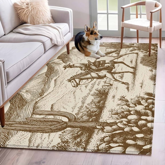 Western Cowboy Area Rugs 3x5 ft Retro Desert Cactus Horse Hills Brown Wood Grain Washable Rug Non Slip Indoor Carpet Absorbent Floor Mat for Living Room Bedroom Dining Room