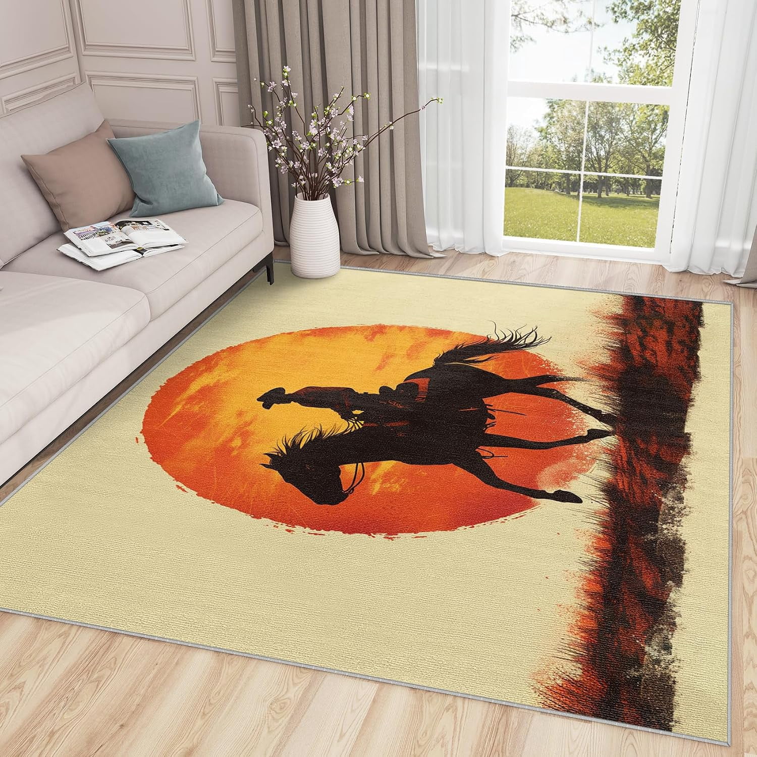 Riding Rug Western Cowboy Area Rugs, Horse Riding Sunset Carpet, Washable Non Slip ...
