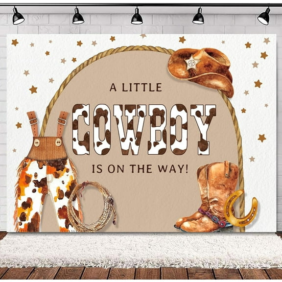 Western Cowboy Backdrop A Little Cowboy is on the Way Baby Shower Cow Print Cute Brown Boots Hat Wild West Brown Star Rustic Decorations Photography Background Banner Photo Booth Studio
