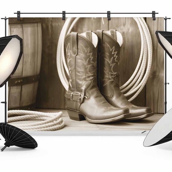 Western Cowboy Backdrop for Photography,Fabric Photo Background Backdrop,Countryside Boots Retro Ropes Wooden Stripes Photo Booth Background for Portrait Photoshoot Video Wedding Studio Banner 7x5ft