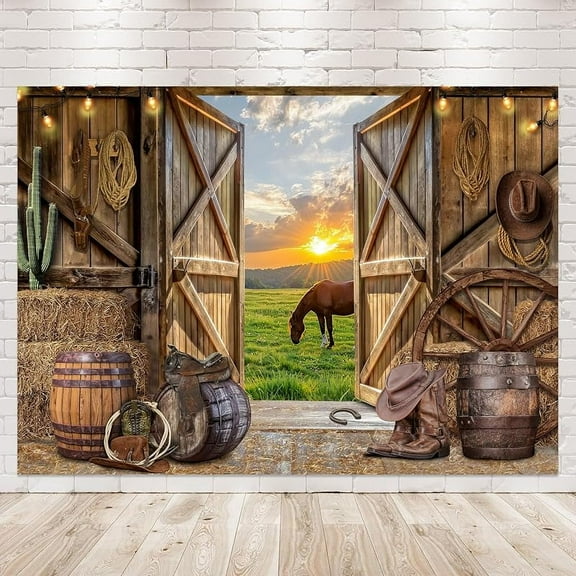 Western Cowboy Backdrop Photography Wild West Rustic Wooden Western Party Decorations Farmhouse Horse Barn Door Vintage Country Birthday Background Banner Photo Booth Props Supplies