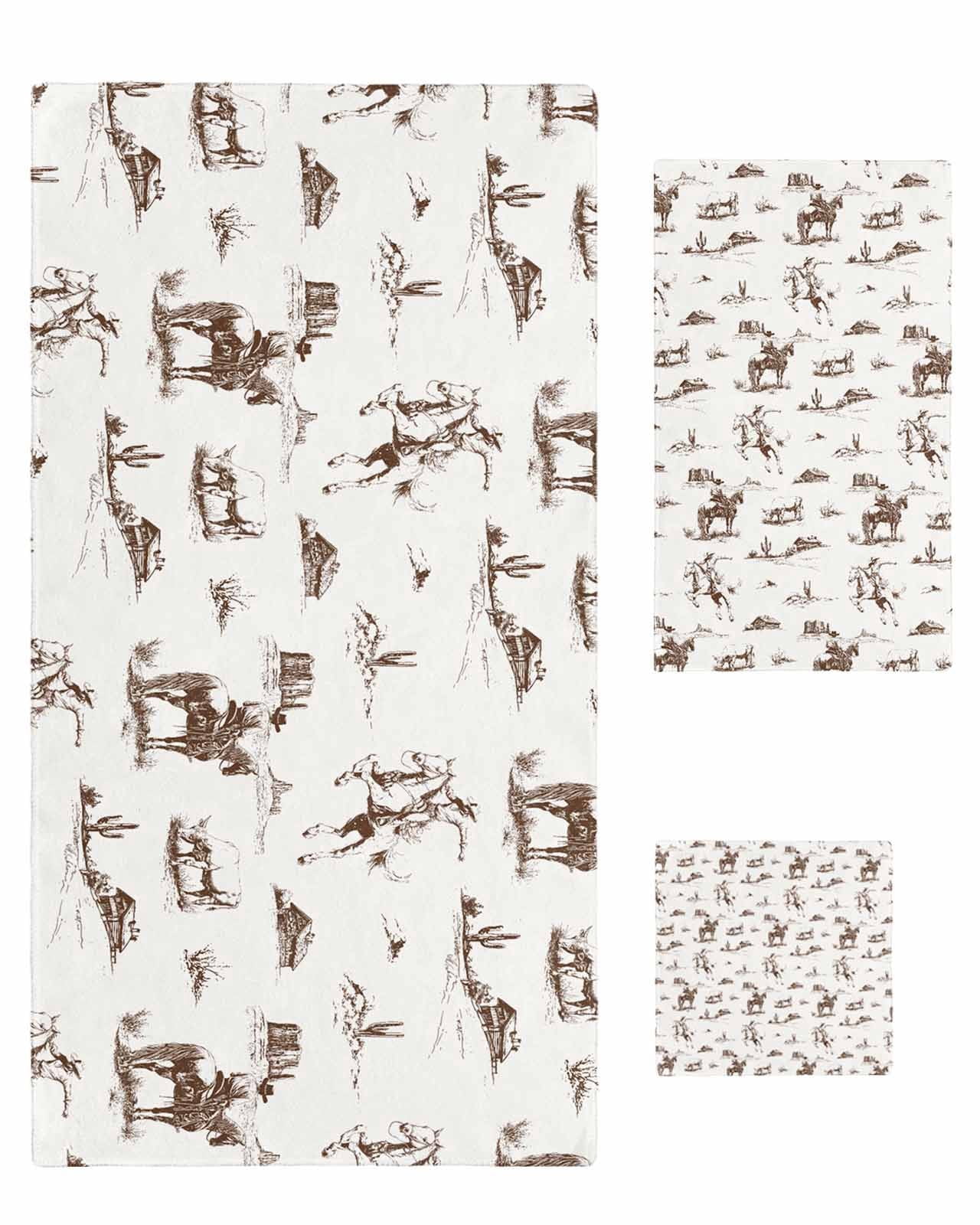 Western Cowboy Bath Towels for Bathroom Set,Luxury Microfiber Towels Gifts for Women,Beach Kitchen Hand Hair Face Towel and Dish Washcloth,Retro Desert Cactus Country Cowboy Brown Towels+Set